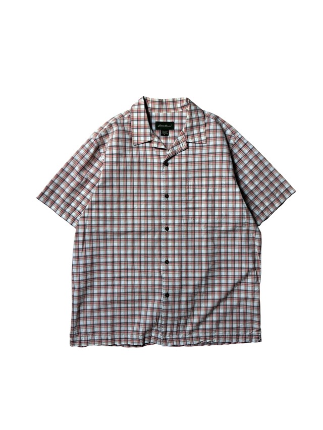 Eddie Bauer White Red Brown Plaid Open Collar Cotton Short Sleeve Shirt