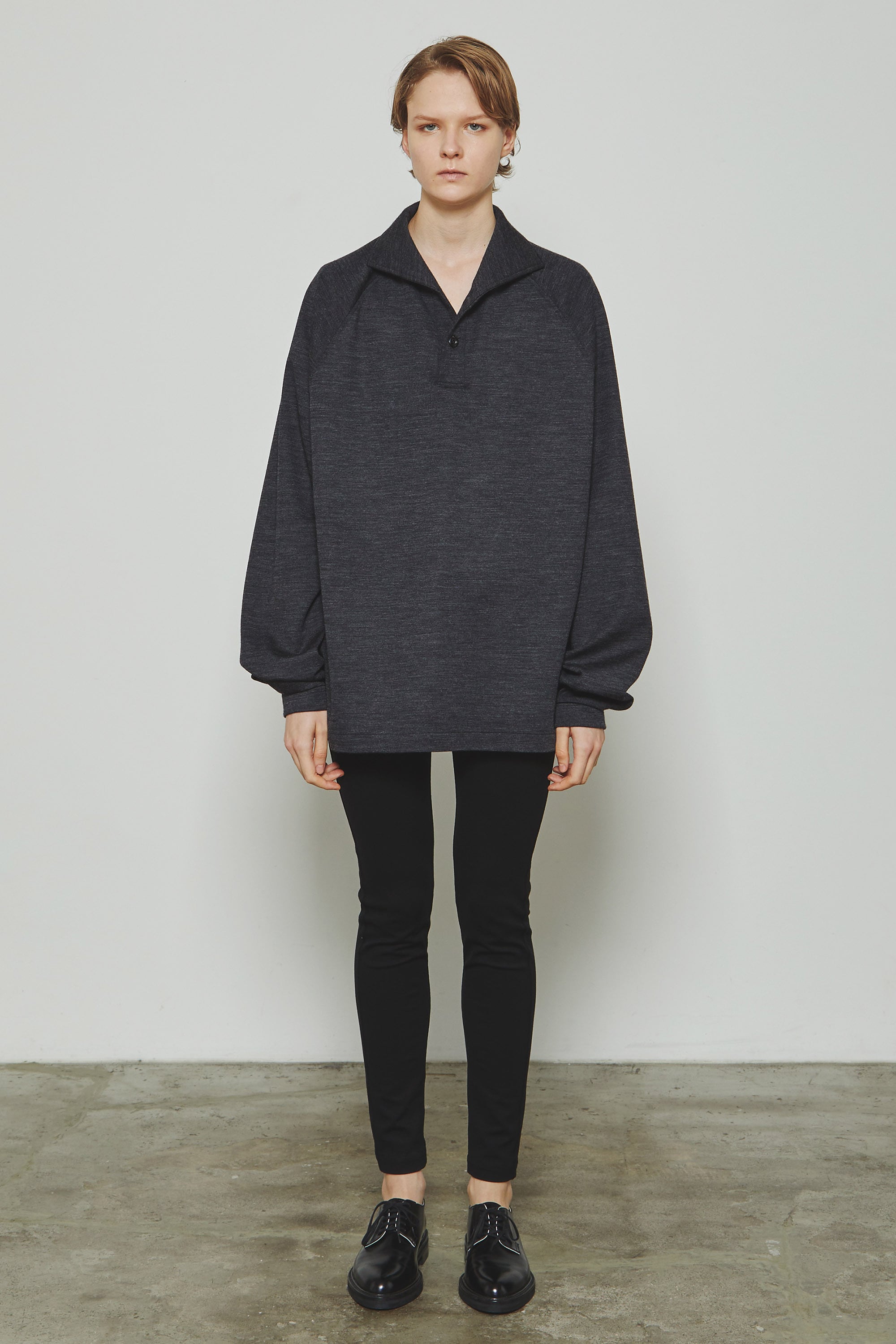 THE RERACS / ITALIAN COLLAR RAGLAN POLO SHIRT L/S-CHARCOAL GRAY