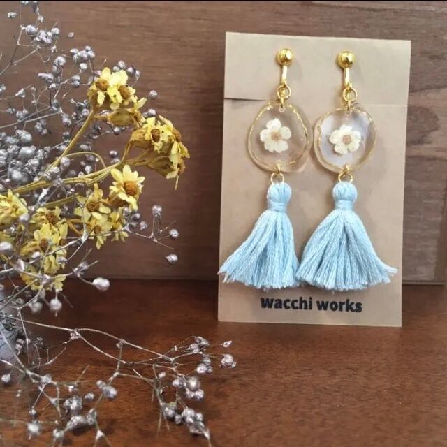 タッセルピアス No.94 ◇No.94◇トロピカルフラワー×デニム☆タッセル