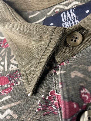 90s〜古着OAK CREEK 蟹総柄 ポロシャツ 民族調 カーキ オリーブ ヴィンテージ vintage Usedclothing