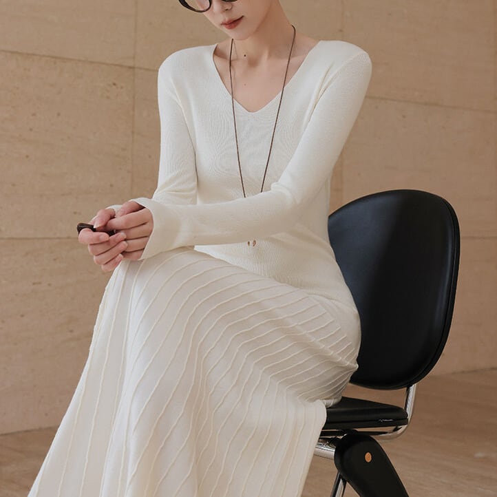 プリーツ切替 ロング ニットワンピース 2col H10611