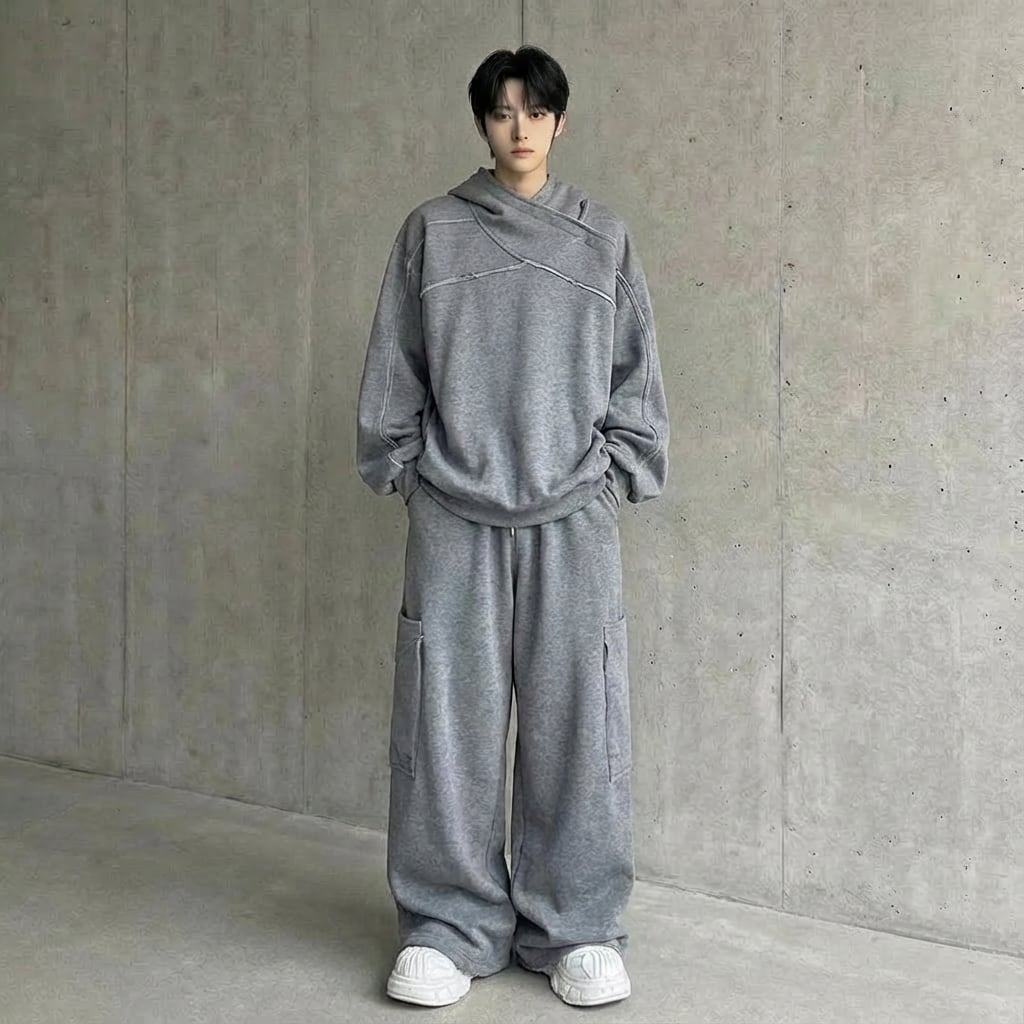変形クロスネックフーディ&ワイドスウェットパンツ セットアップ 2カラー D12052