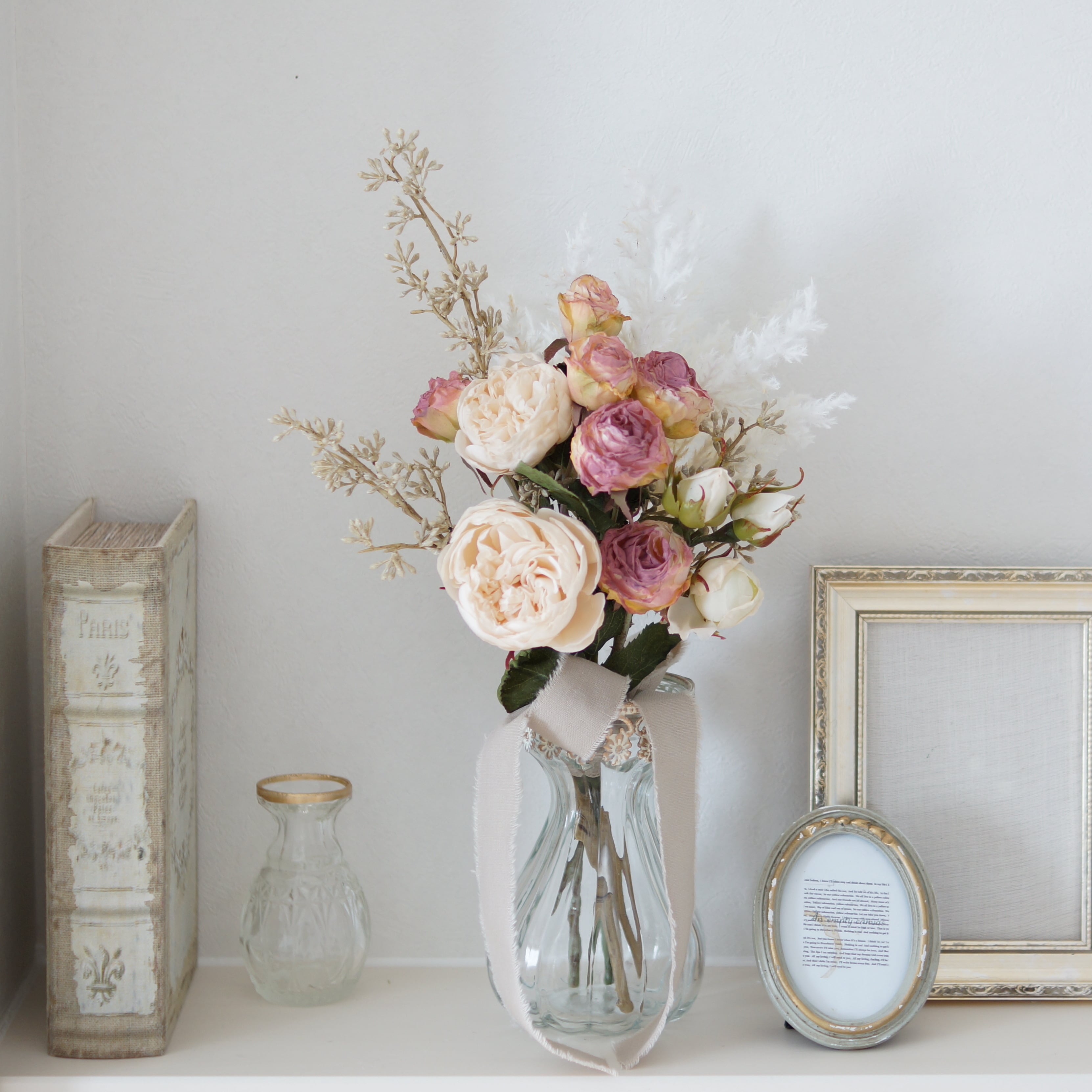 ユーカリとピンクベージュのバラのスワッグ  ハンドメイド  リース  造花