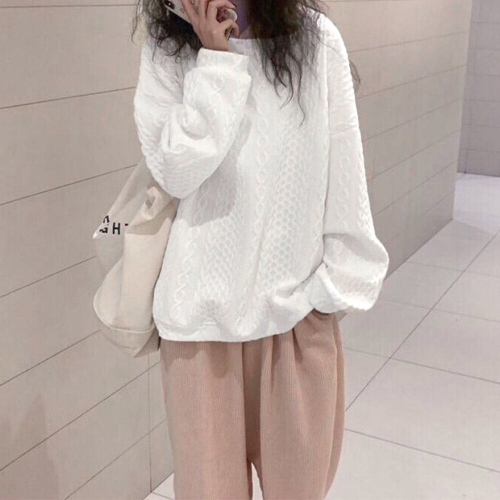 長袖 スウェット トレーナー レディース 韓国 トップス 春秋 おしゃれ エンボス加工 カジュアル 大人 かわいい 立体感 ゆったり 体型カバー 薄手 大人可愛い 大人女子