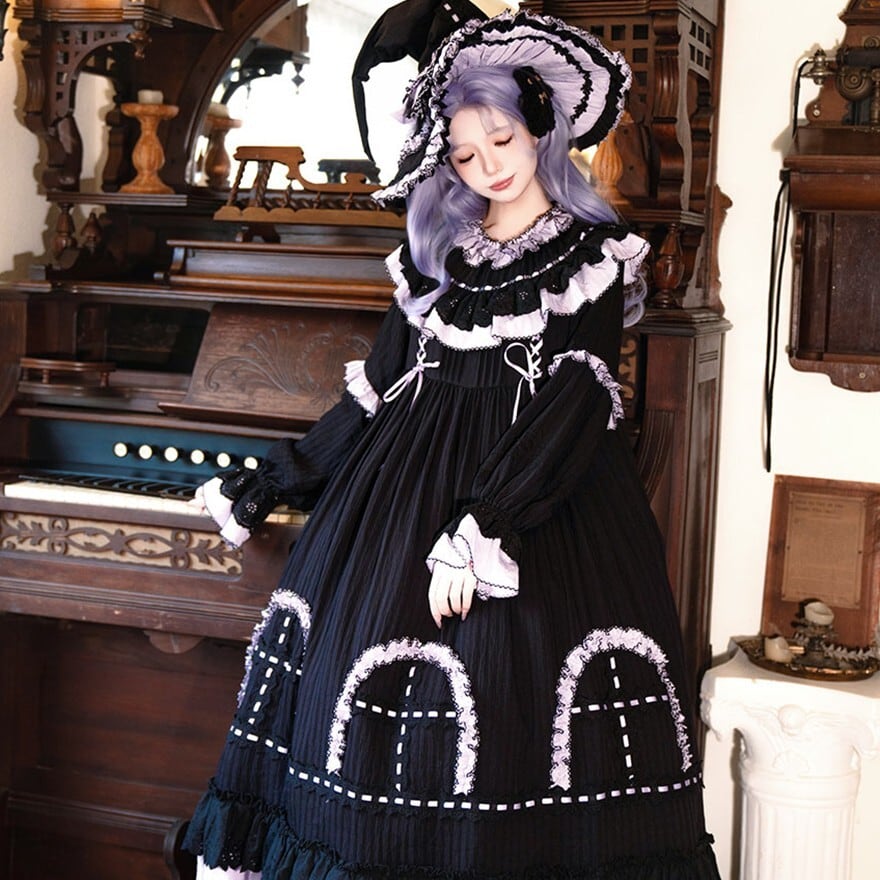 ゴスロリ ワンピース レース×姫系クラシック ブラック×ラベンダー