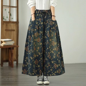 FLOWER PRINT DENIM A-LINE WIDE LEG CROPPED PANTS 2colors M-14322