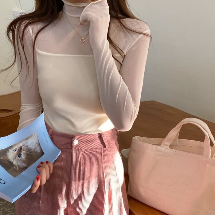 レースシャツ オータムウィンタースタイルカラーベルベットメッシュトップス 秋物 冬物 1号婦人4888206113