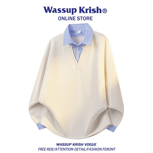 ♥賢いワンタッチ。二枚重ねの風格!【WSシリーズ】★POLOシャツ★ 2color ユニセックス トップス 大きいサイズ 縦縞 縞模様 Vネック POLOネック 切り替え