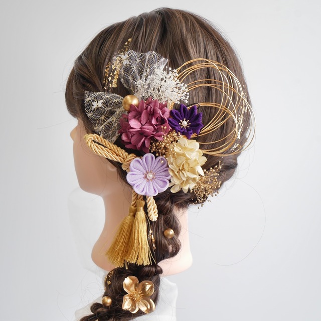 A415  つまみ細工　髪飾り　紫　卒業式　袴　結婚式　ドライフラワー　成人式