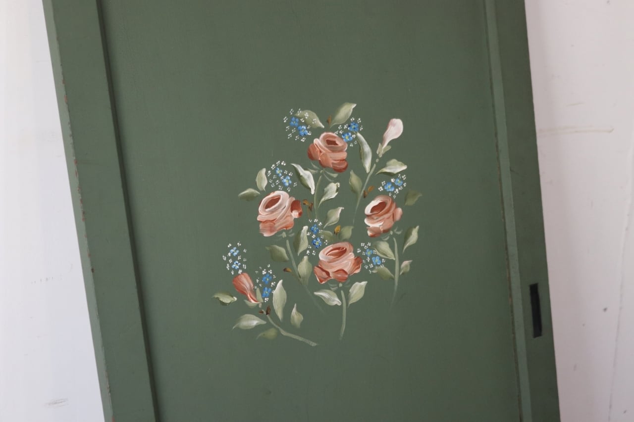 レトロ 建具 扉 引き戸 ドア ペイント 緑 グリーン 花柄 木製