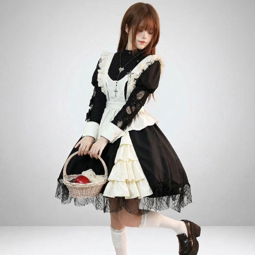 黒いフリルメイド服とウサ耳セット ゴシックレースアップフリルメイド服 | Pay ID