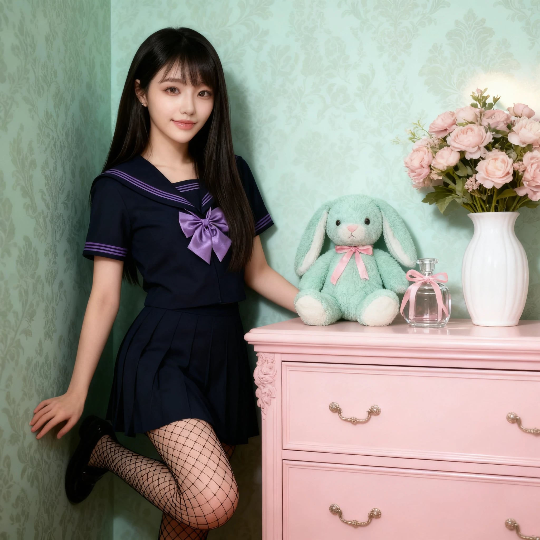 〔制服〕パープルリボンが映える ネイビーセーラー制服セット
