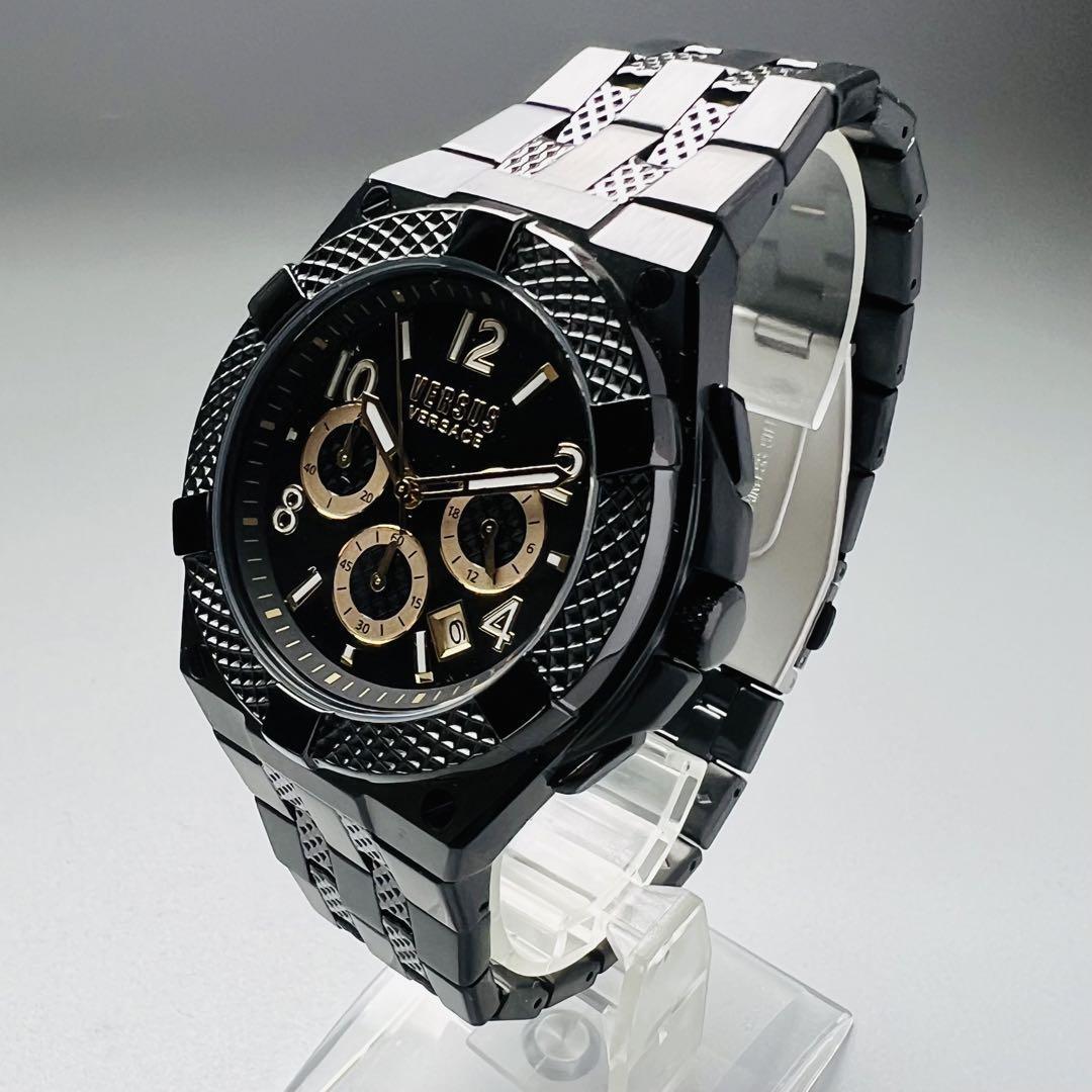 ヴェルサス ヴェルサーチ メンズ 腕時計 ブラック ケース付属 新品 電池式 黒 ベルサス ベルサーチ メンズ 46mm クォーツ クロノグラフ  おしゃれ