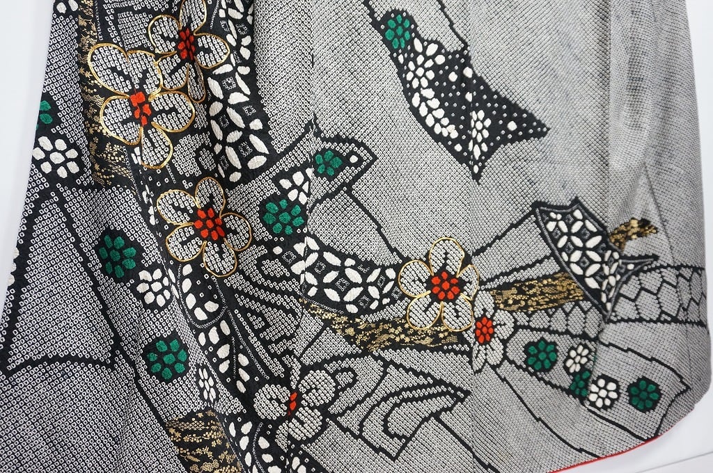 総絞り 帯セット 金駒刺繍 振袖 京鹿の子絞り 正絹 黒 白 赤 緑 026