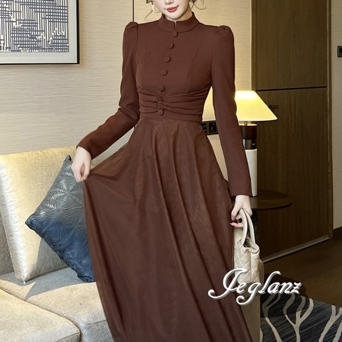 上品 パーティ ドレス ワンピース スタンドカラー チュール ボタン ♪(MB305)ζ