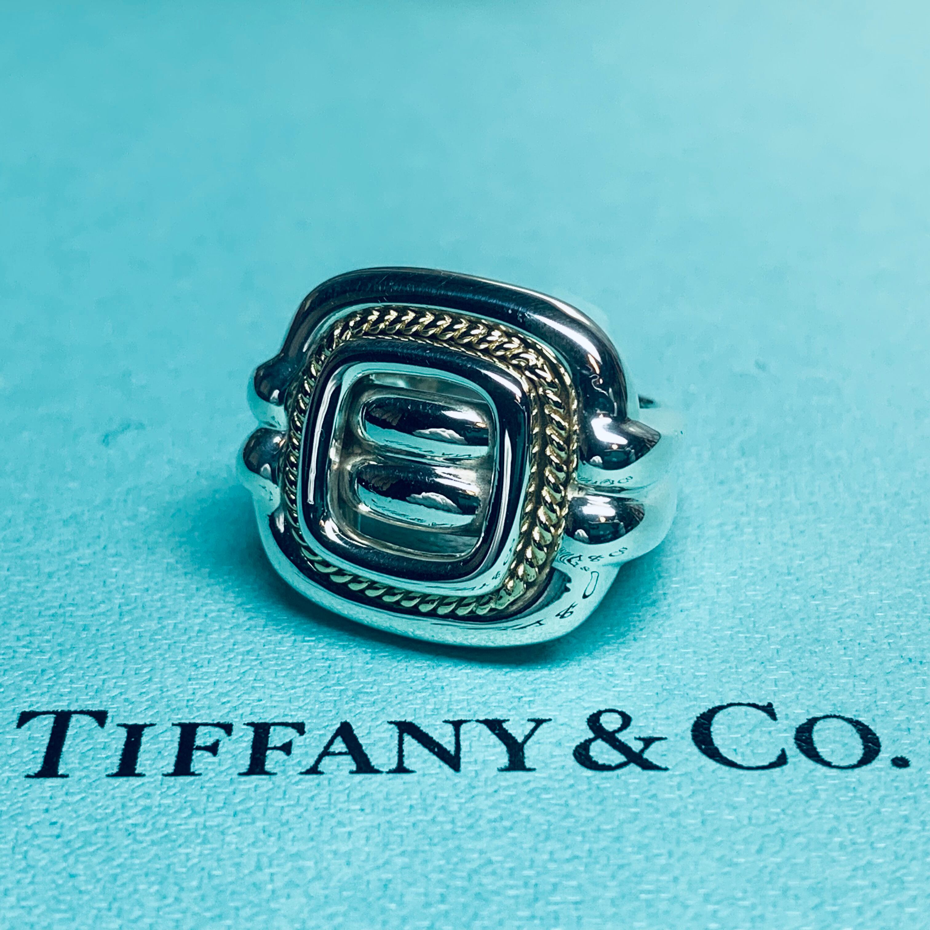 VINTAGE TIFFANY & CO. 18K Gold Combi Cushion Ring Sterling Silver 