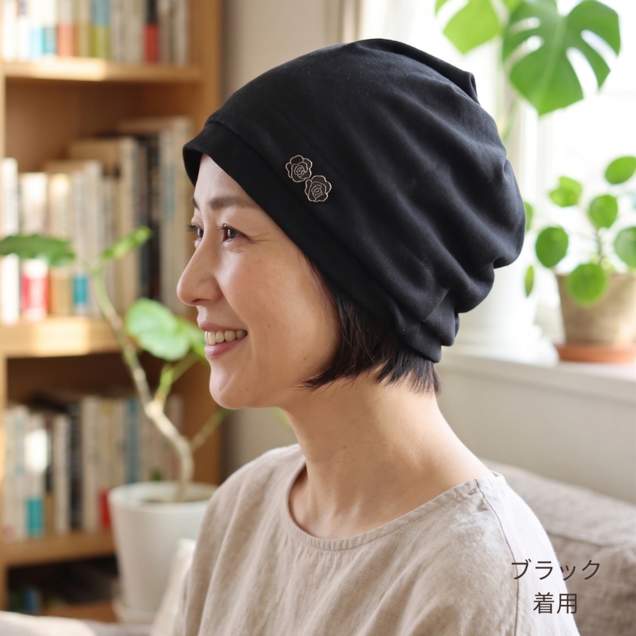 タックおうち帽子|医療用帽子 ケア帽子 タック入り 頭の形カバー ワンポイント 室内・外出用