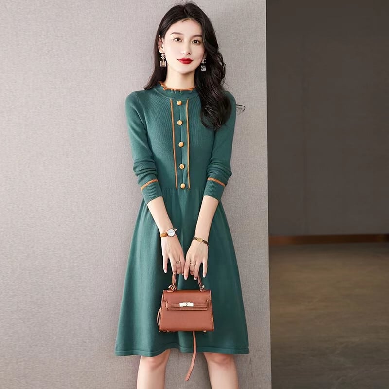 【着用レビュー】ワンピース レディース ニットワンピース ニット セーター フレアスカート 膝丈 長袖 ボタン かわいい 大人可愛い カジュアル おしゃれ お洒落 送料無料 ラフ ラブリー キュート フェミニン 春 秋 冬 10代 20代 30代 40代 通勤 OL オフィス 学生 通学 デート お出かけ 女子会 休日 着回し 普段使い 韓国 韓国系 ファッション コーデ スタイル 暖かい モテ 体型カバー トレンド 流行 インスタ映え M L XL 2XL グリーン ブラック ブラウン