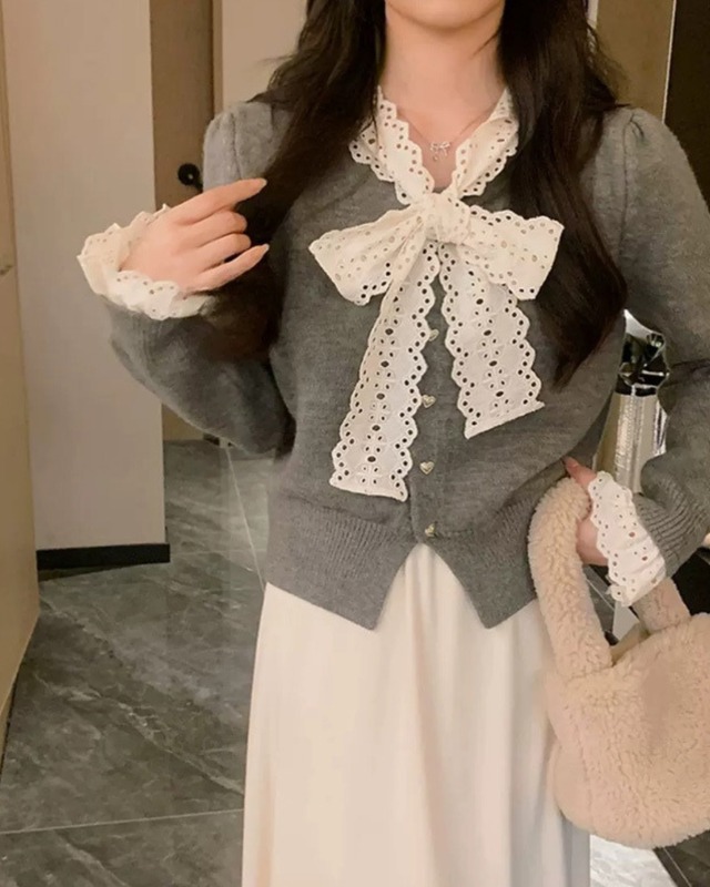 レースボウタイリボンカーディガン（2 colors）　24WP01032