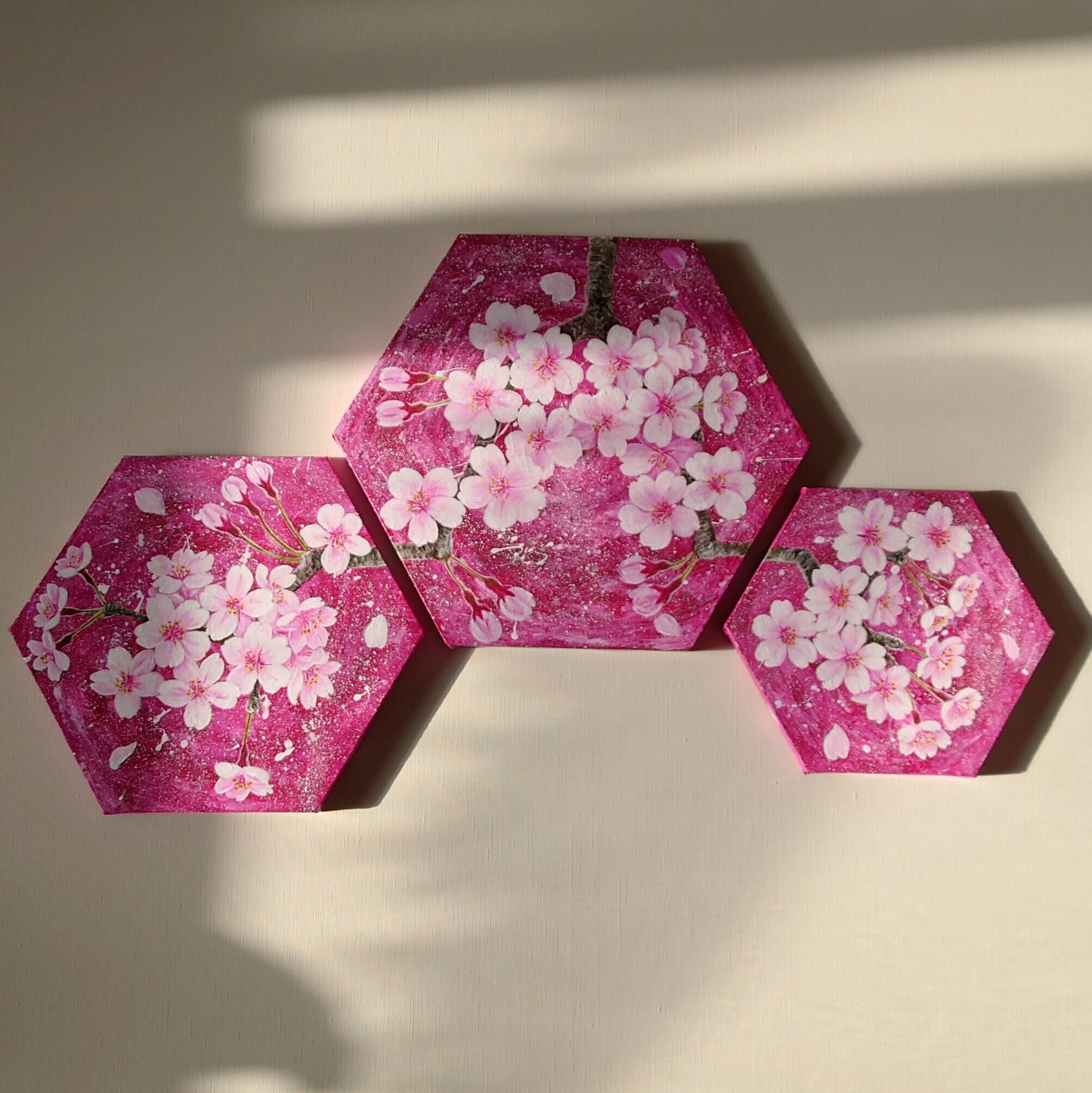 桜・六角形キャンバスSML三枚セット | atelier kaza碧 桜・六角形キャンバスSML三枚セット | atelier kaza碧