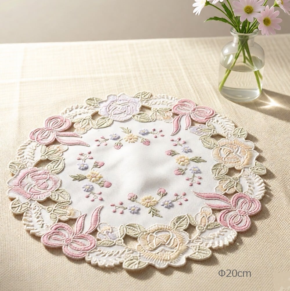 アンティークレース風 高級コード刺繍ドイリー リボン&ローズ φ20cm