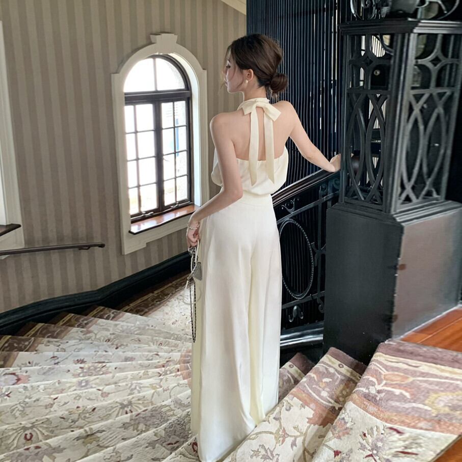 AR22842＊サイドシアービッグオフショルダードレスwhM set】ホルターネックトップス×ワイドパンツセット M22419 | nanastyle