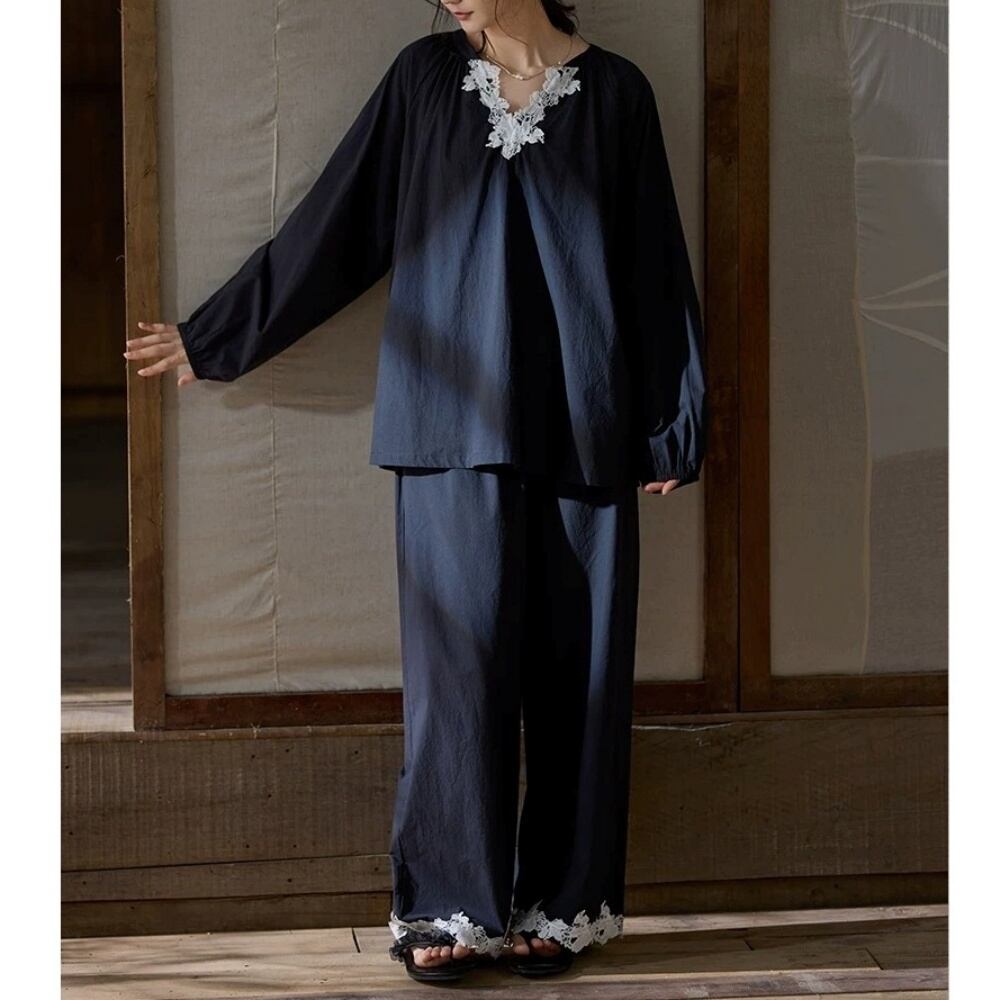 【M-XL】v-neck flower lace ribbon navy pajamas p1713