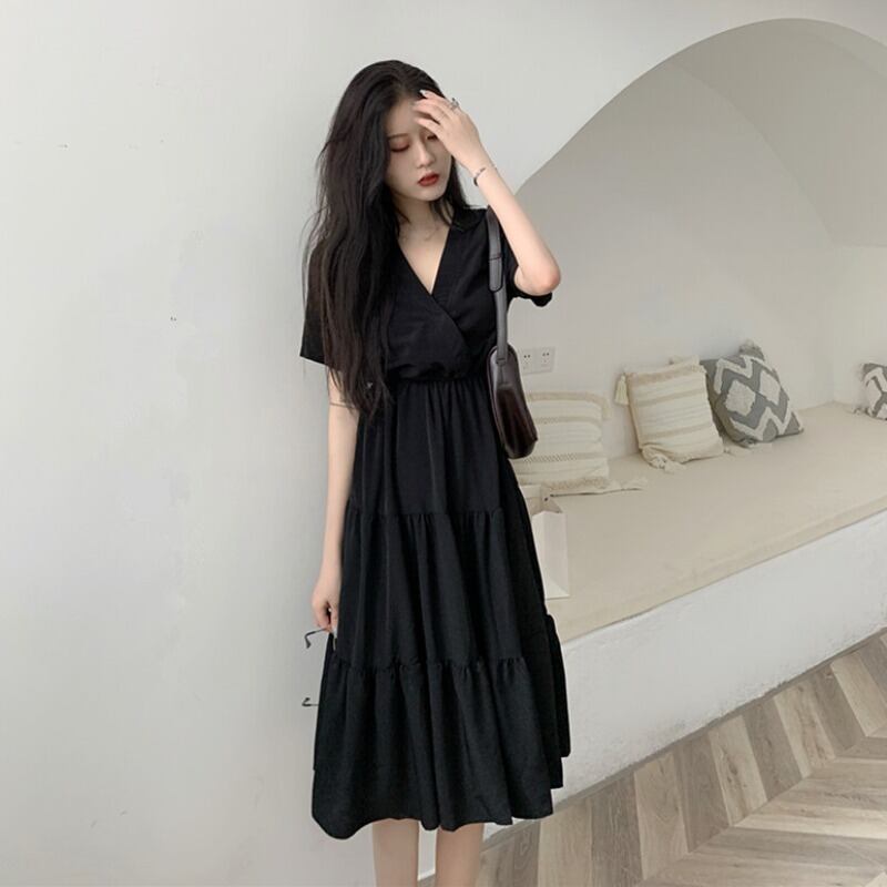 サマースタイルブラックドレス ウェストロングスカート Vネック 大人ガーリー スウィート キュート カジュアル 夏物 YY-ファッション65280828378