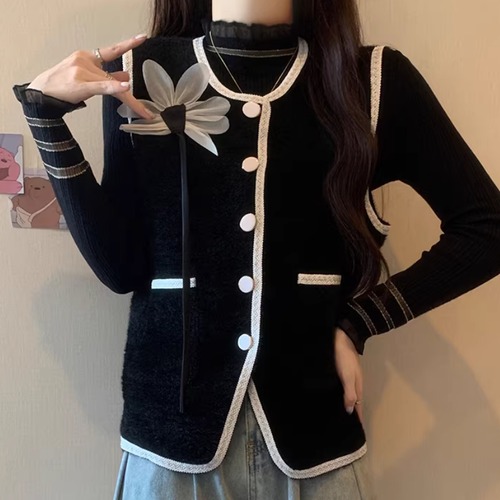 【2点セット】シアーフリルネックトップス＋パイピングフラワーニットベスト ・73929