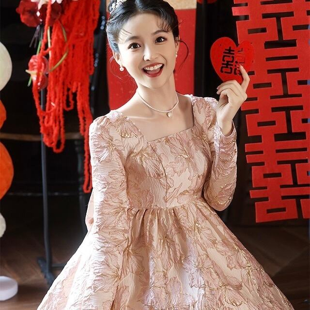 ローズピンク バッグリボン ロングドレス