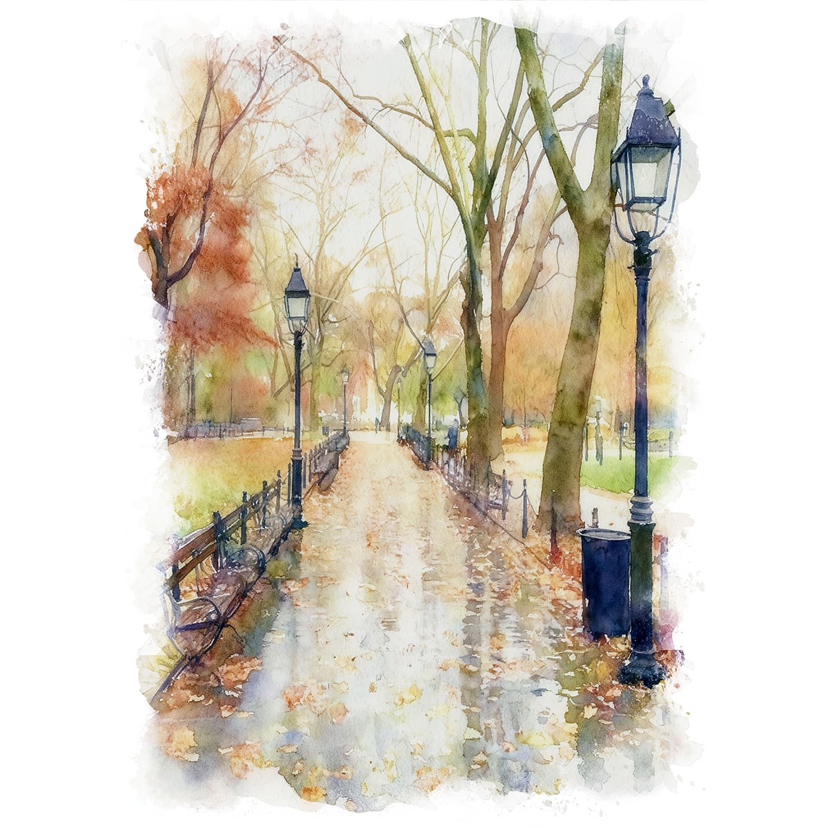 絵画 秋 アメリカ ニューヨーク セントラルパークの紅葉 インテリアアート額付き 水彩画・油絵調 WAT0670