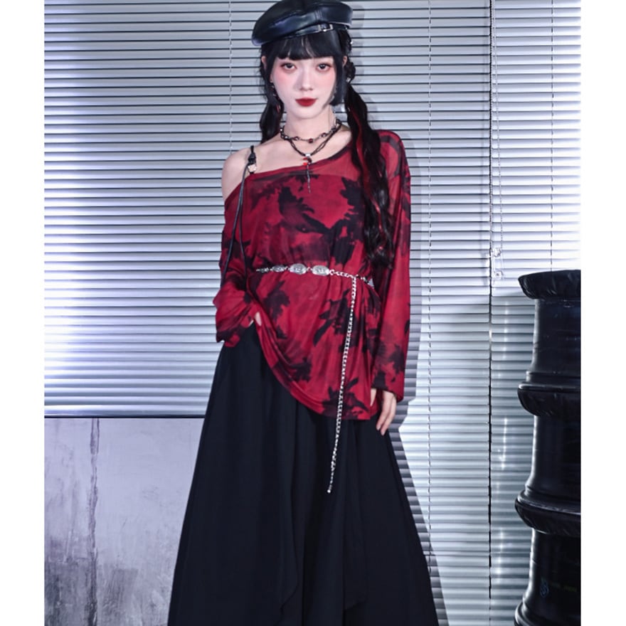 チャイナ風 中華服 古怪舎 シャツ オフショルダー ダークゴシック 鴉 プリント柄 中華系ファッション 30代コーデ