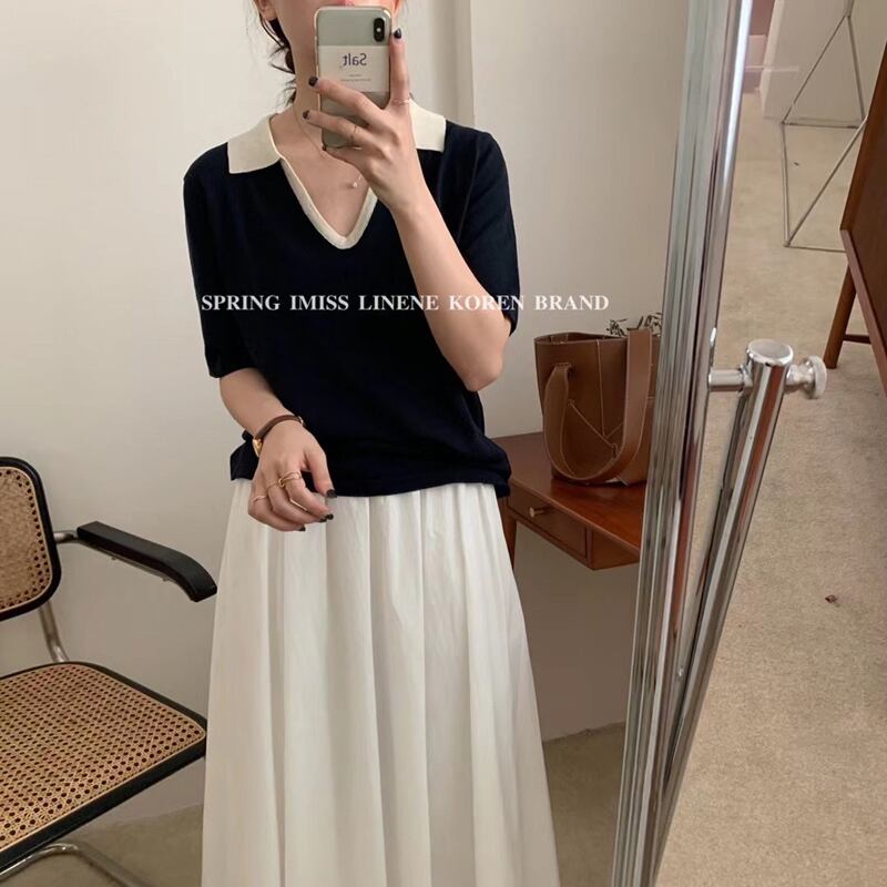 ニット半袖スリーブシャツ サマースタイルカラーブロックVネックダークブルートップス ショート ハーフスリーブ 夏物 ビッグFスモールZ韓国67180097506