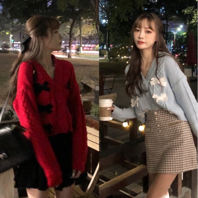 ニットセーター Vネックルーズトップス スプリングスタンダードレッドカーディガンジャケット レトロ 春物 ブラックストロベリース52617123677