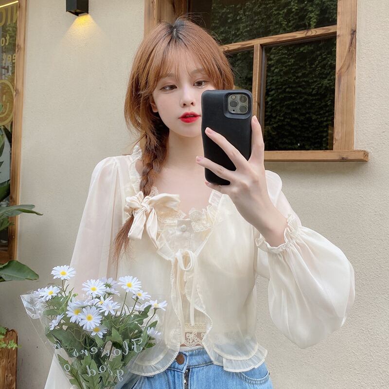 ブラウス スプリングオータムカーディガンジャケット シフォンシャツ ショートトップス 春物 秋物 試着室16673658247