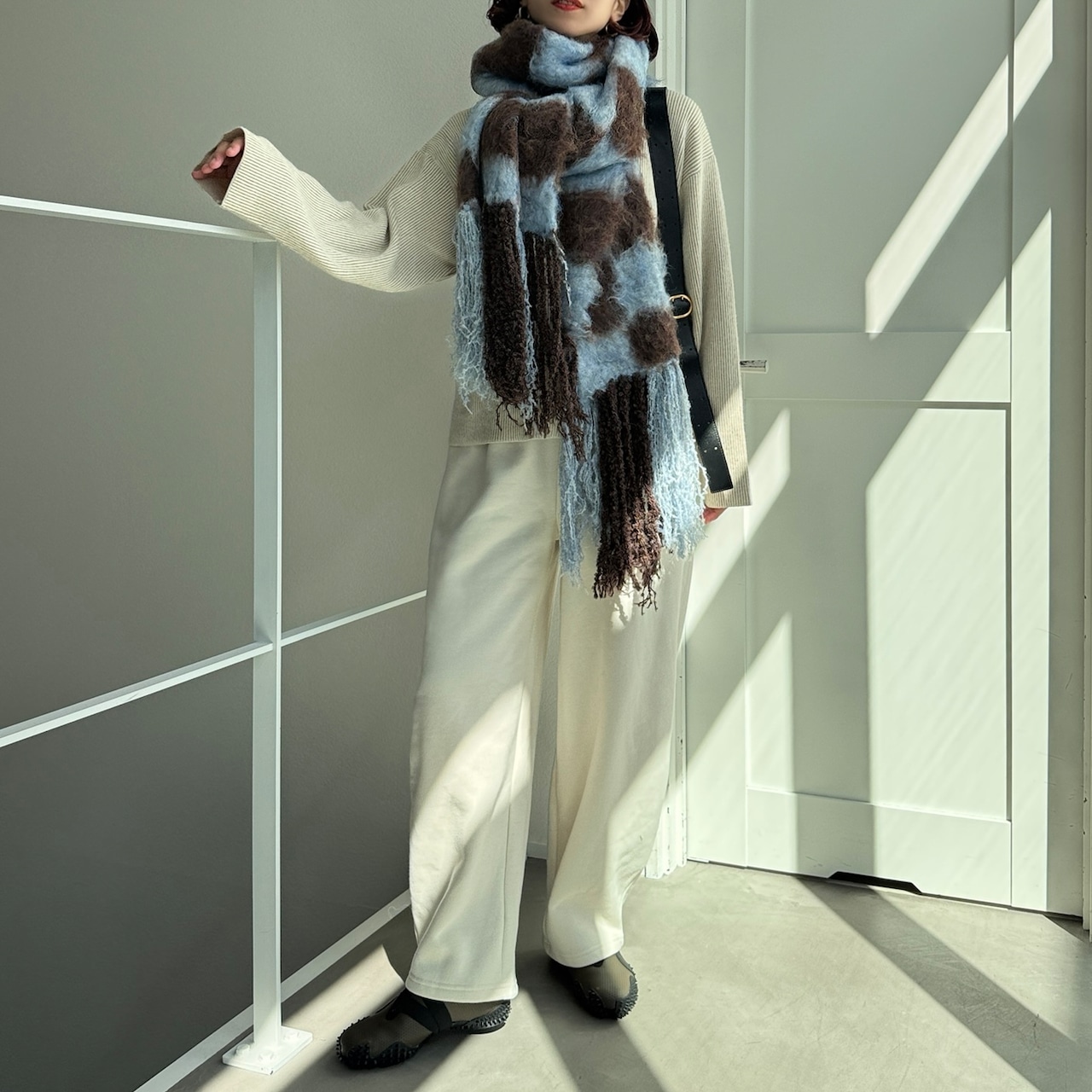 ブロックチェックストールマフラー/ブラウン×ブルー