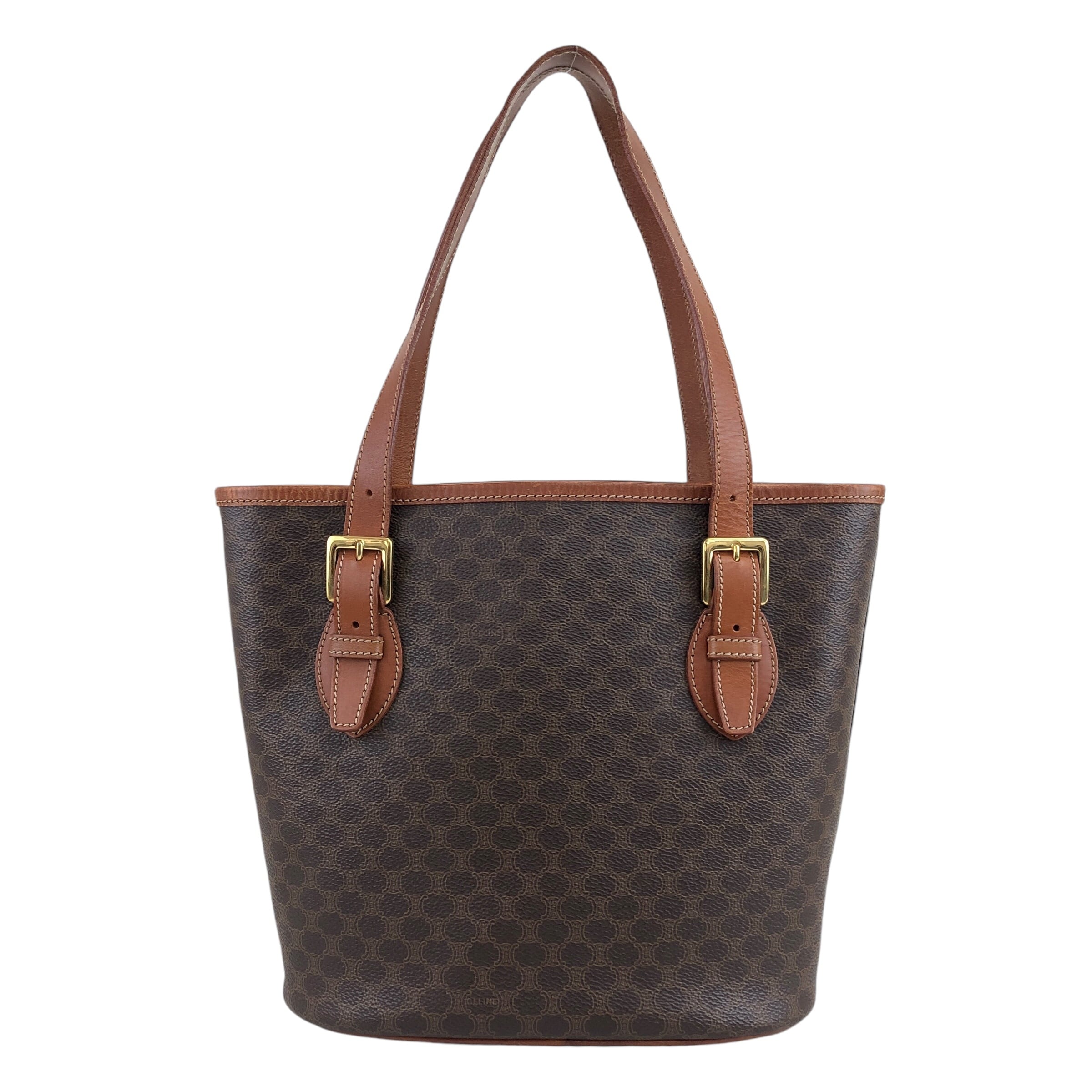 CELINE セリーヌ マカダム ハンドバッグ ブラウン PVC レザー バケツ
