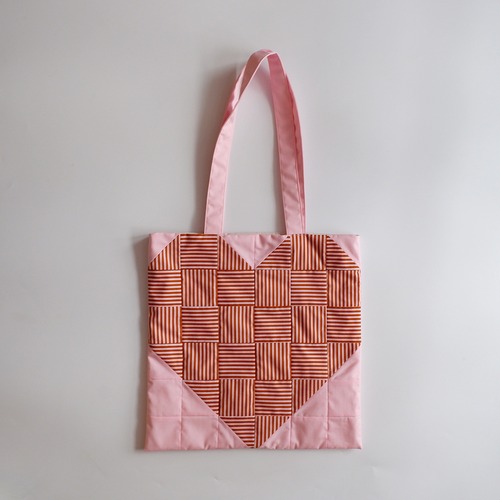 ともとかなこ/三角パッチワーク♡トート　ピンク×茶ストライプ