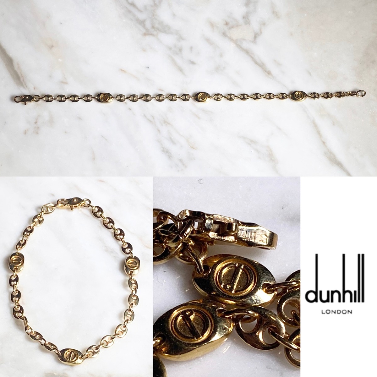 vintage DUNHILL gold color metal logo×anchor link chain bracelet 