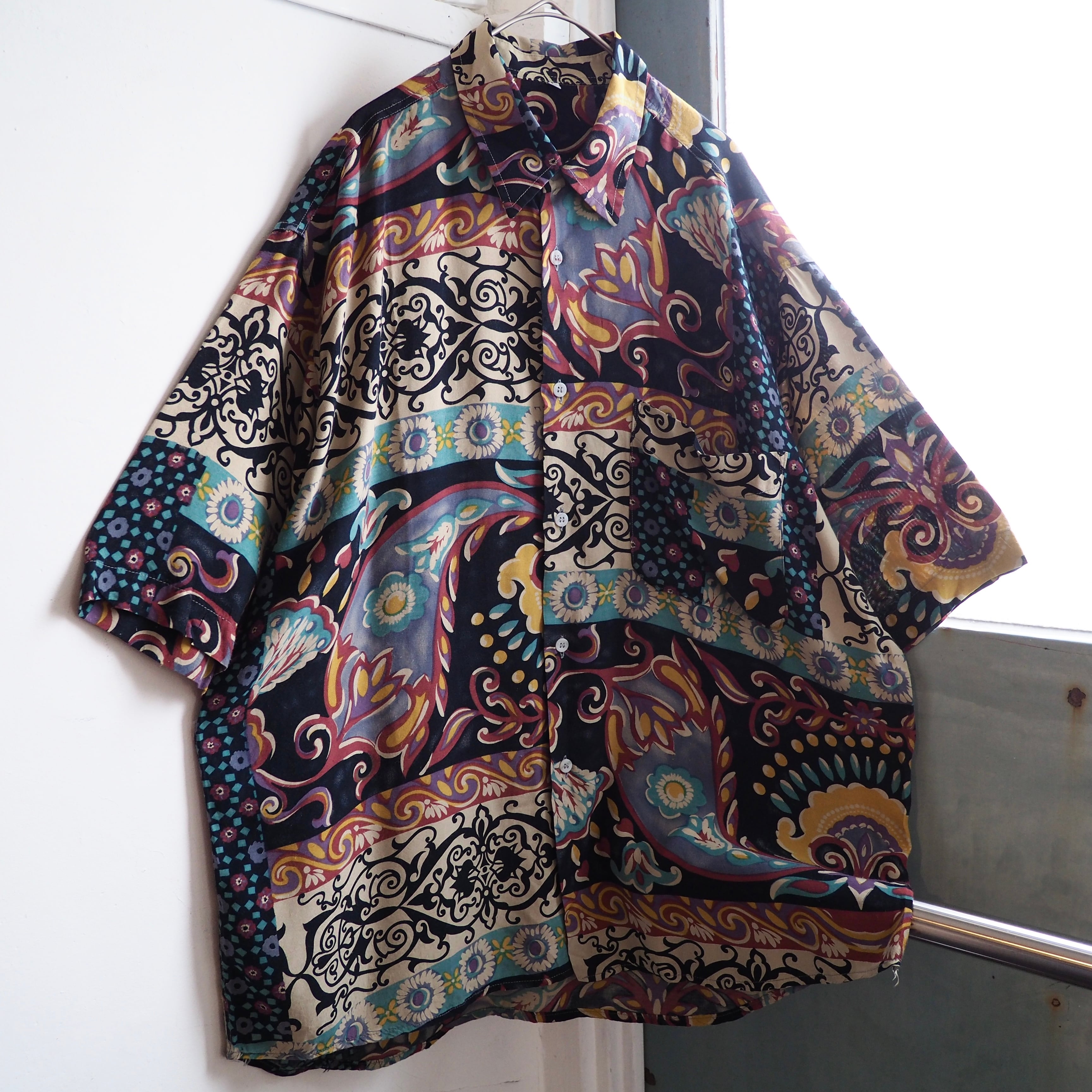 1990s Bewitching Abstract art painting vintage loose Drape rayon shirt