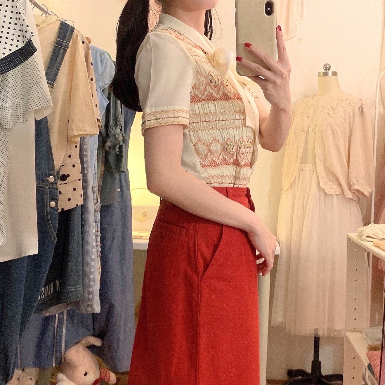 flower smocking big ribbon china blouse