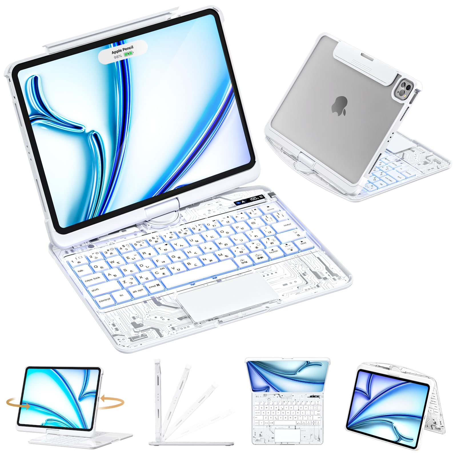 【在庫処分】2025新登場 iPad Pro 13インチ(M4 2024年発売)対応 日本語配列キーボードケース マジックキーボード 遅延なし・高精度 360度回転式 バックライト・ペンホルダー搭載 透明ホワイト