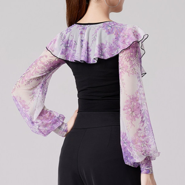 フリルデザイン フラワープリント シフォン ブラウス (レオタードタイプも選択可) ds1249