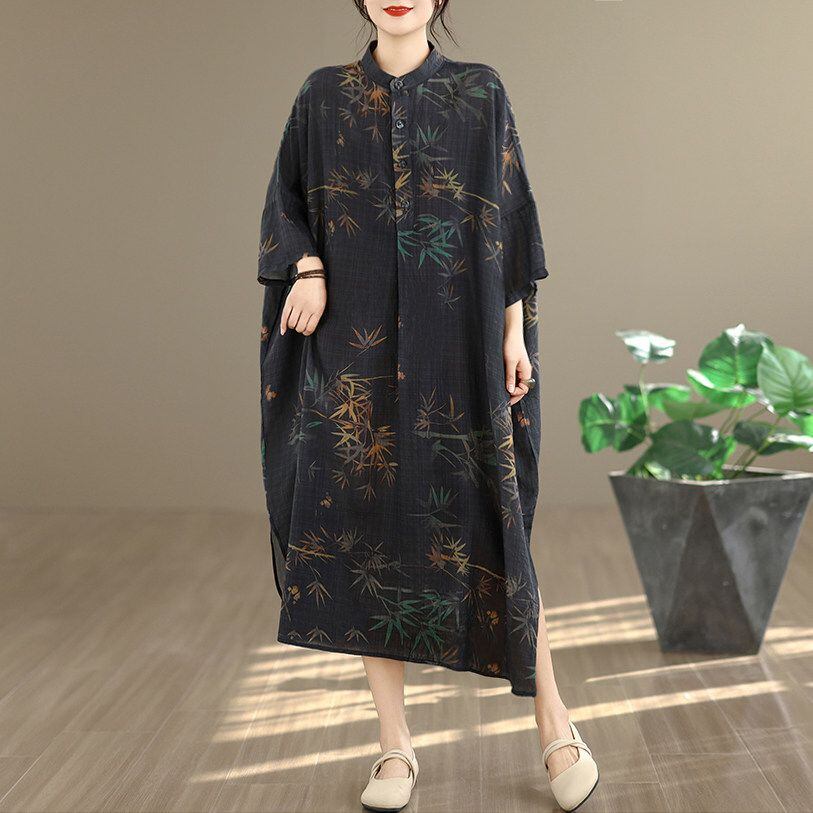 PRINT STAND COLLAR SEVEN SLEEVES LONG DRESS M-18125