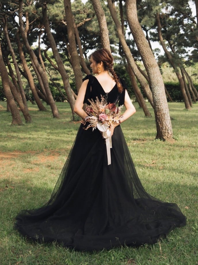 ブラックキャミソールティアードチュールドレス／結婚式／前撮り