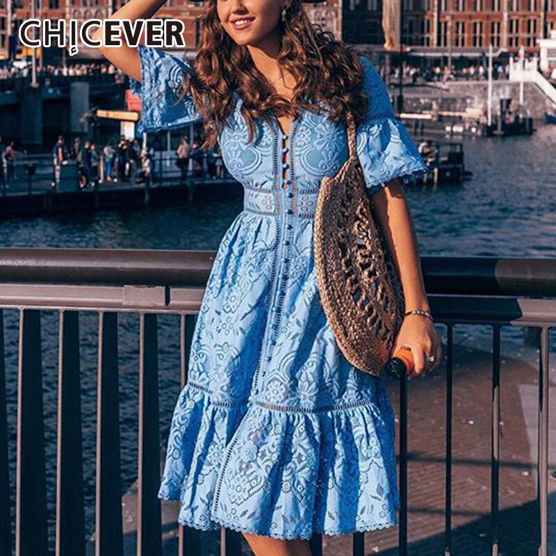 CHICEVERホローアウトレディースドレスVネック半袖ウエストパッチワークレースプラスサイズドレス2020夏 ショート ハーフスリーブ 大きめサイズ サマー 夏物 6base52633459347