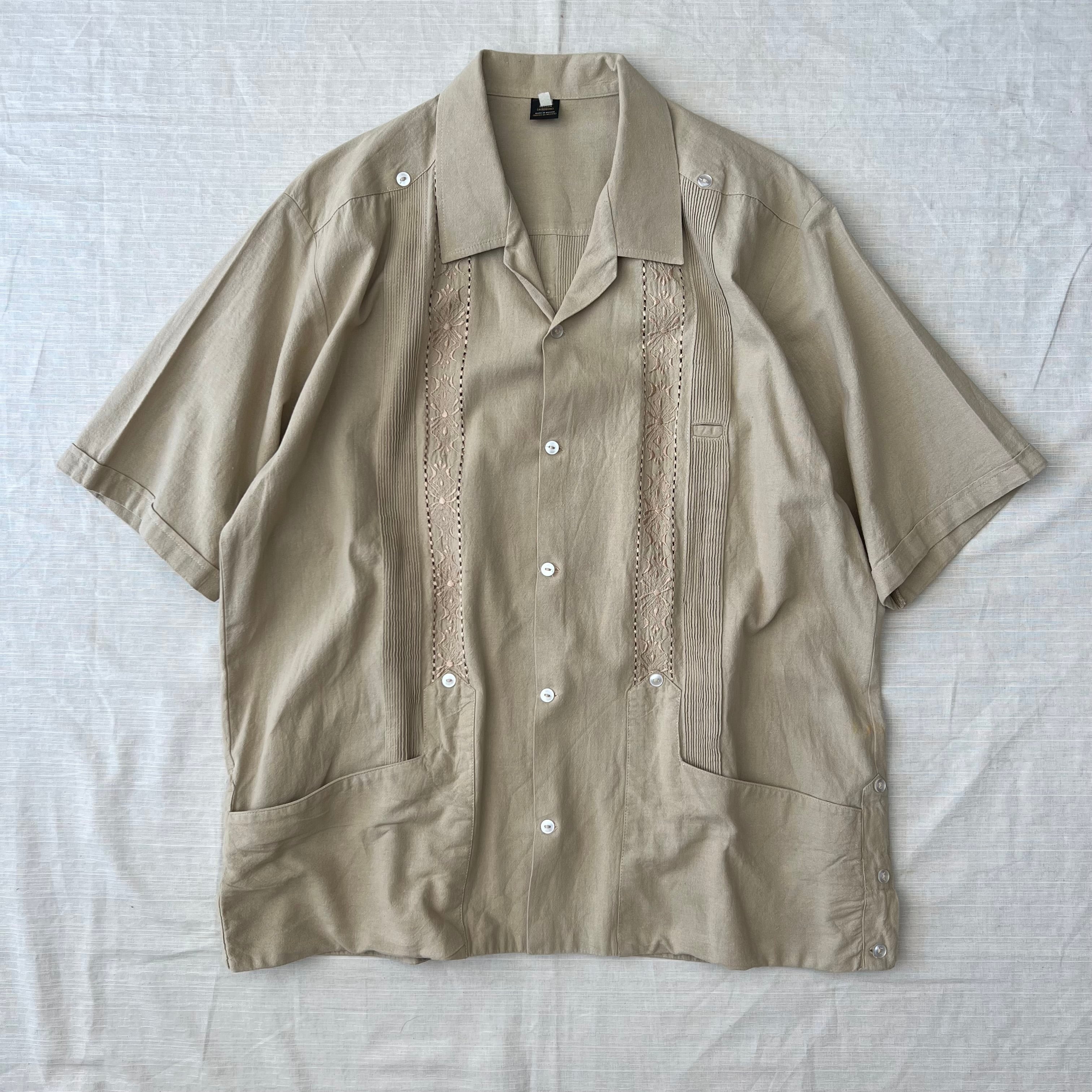 N-4692 AXIS アメリカ古着 キューバシャツ リネン 半袖 開襟 刺繍M メキシコ製 コットンキューバシャツ 半袖シャツ 2ポケット 刺繍