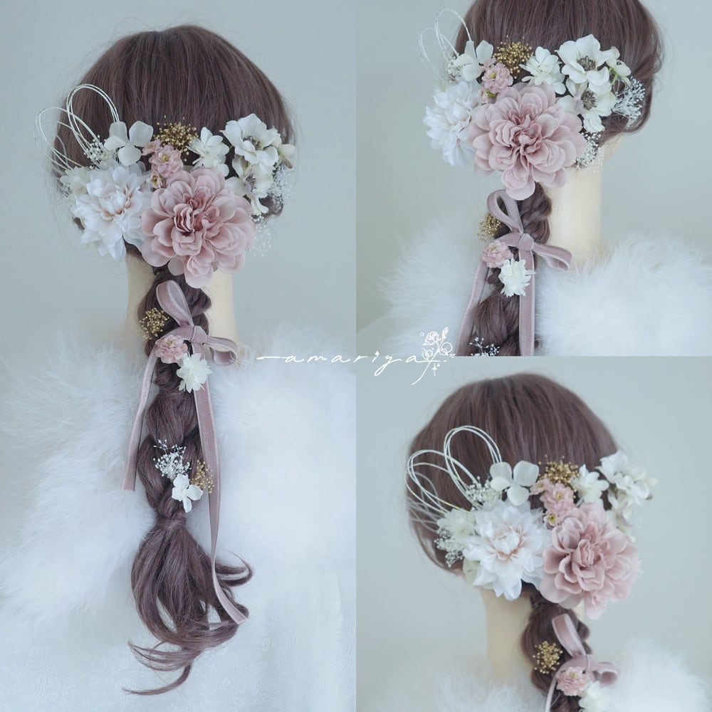 髪飾り アンティークピンクのダリアとブロッサム