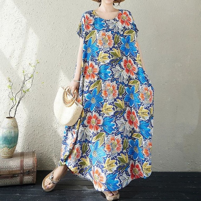 PRINT BOAT NECK HALF SLEEVES MAXI PULLOVER DRESS 7colors M-17087
