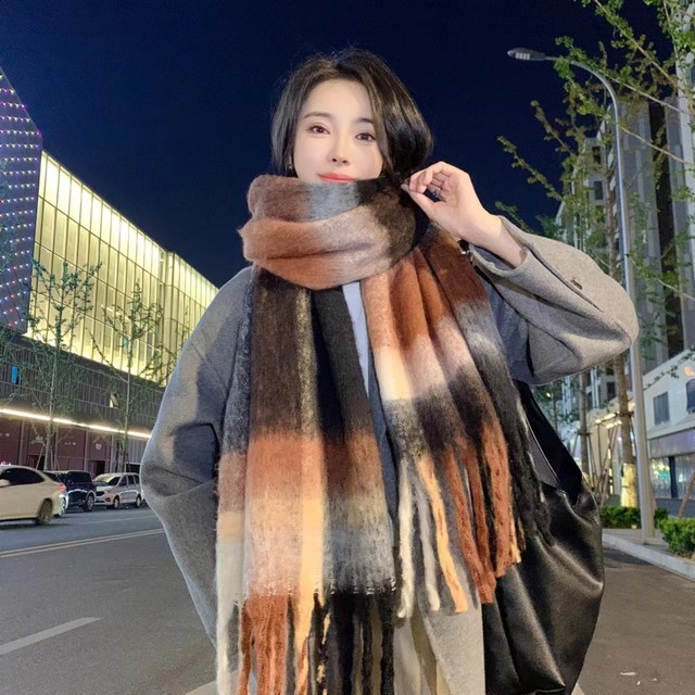 マルチカラー タータンチェック ロングマフラー ピンク/ブルー WT00088